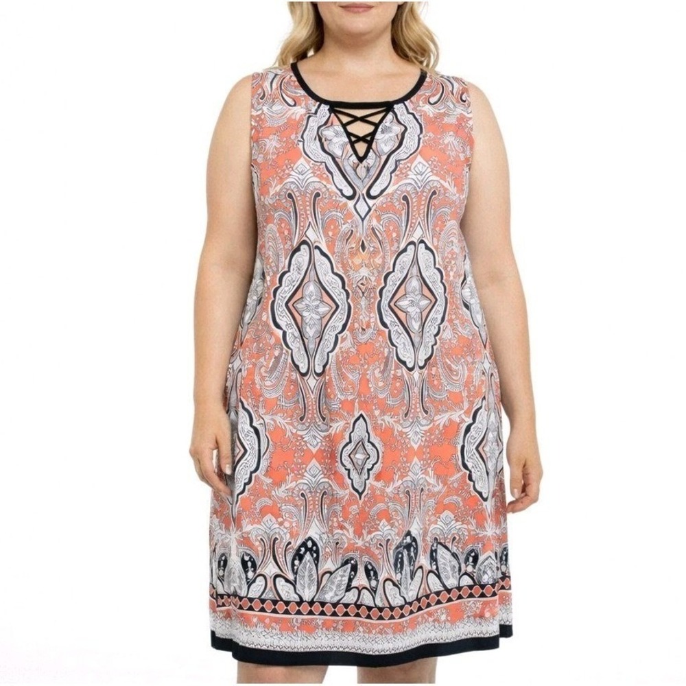 SANDRA DARREN Size 2X Vibrant Coral Navy Boho Chic Paisley Knee Lgth Shift Dress - Picture 2 of 12